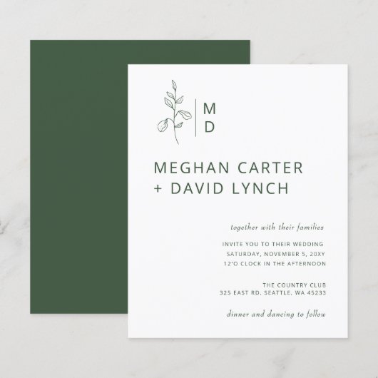 Budget Green Botanical Monogram Weddenschap (Voorkant / Achterkant)