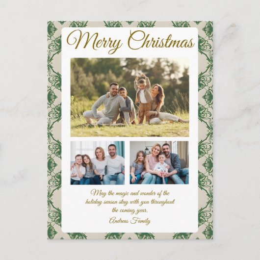 Budget Green Christmas Plaid  3 Photo Holiday Card Feestdagenkaart (Voorkant)