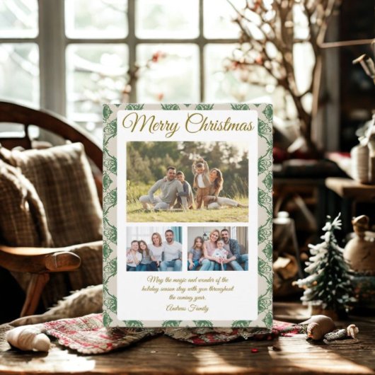 Budget Green Christmas Plaid  3 Photo Holiday Card Feestdagenkaart