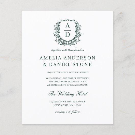 Budget Green Crest Monogram Huwelijksuitnodiging (Voorkant)