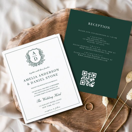 Budget Green Crest Wedding QR Code Uitnodiging