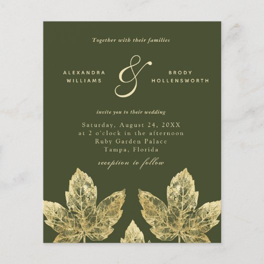 Budget Green en Gold Rustic Leaves Wedding Invite (Voorkant)
