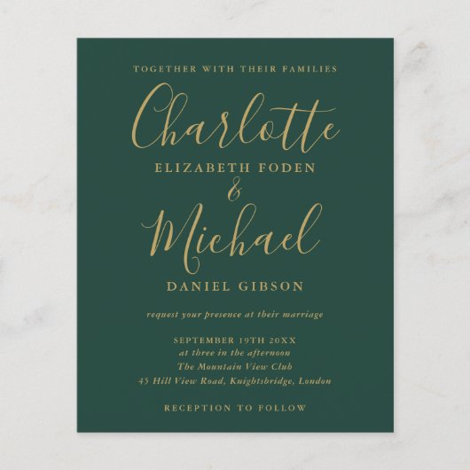 Budget Green en Gold Script Weduwen Uitnodiging (Voorkant)