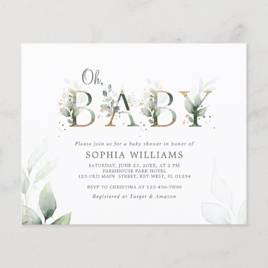 Budget Green Eucalyptus Oh Baby shower Uitnodiging (Voorkant)