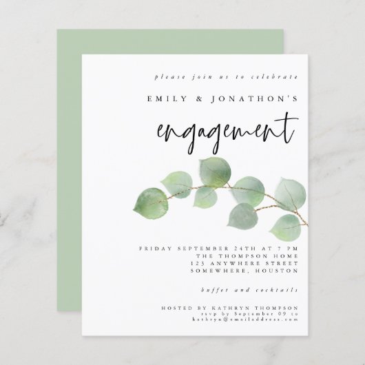 Budget Green Eucalyptus Verloving Invitation (Voorkant / Achterkant)