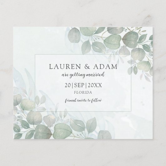Budget Green Eucalyptus Wedding Save the Date  (Achterkant)