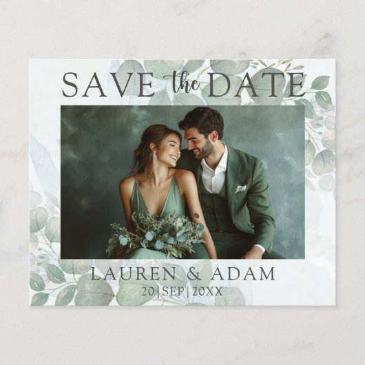 Budget Green Eucalyptus Wedding Save the Date  (Voorkant)