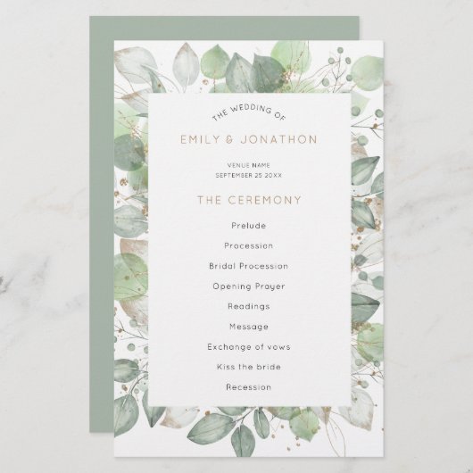 Budget Green Foliage Elegant Wedding Programme (Voorkant / Achterkant)