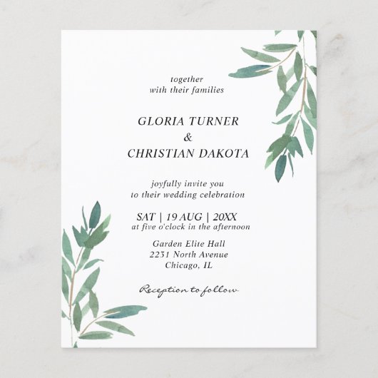 Budget Green Foliage Wedding Invitation (Voorkant)