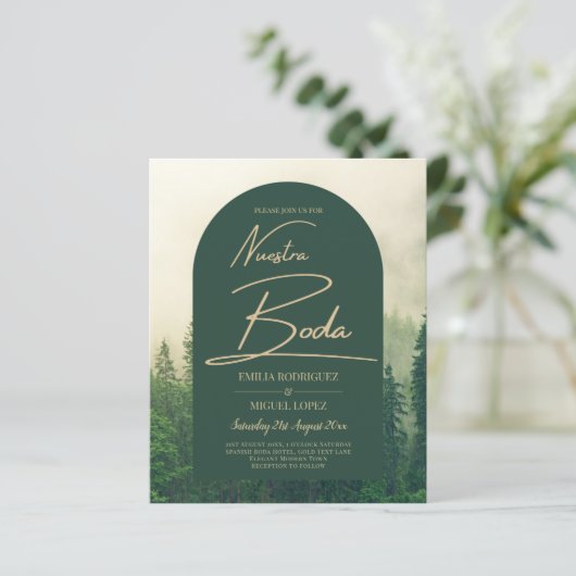 BUDGET Green Forest Pine Trees Wedding BODA INVITE (Staand voorkant)