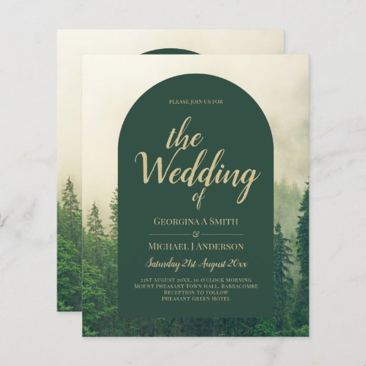BUDGET Green Forest Pine Trees Wedding INVITE (Voorkant / Achterkant)