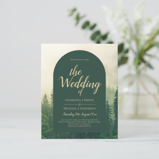 BUDGET Green Forest Pine Trees Wedding INVITE (Staand voorkant)