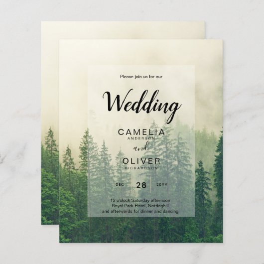 BUDGET Green Forest Pine Trees Wedding INVITE (Voorkant / Achterkant)