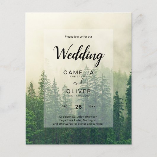 BUDGET Green Forest Pine Trees Wedding INVITE (Voorkant)