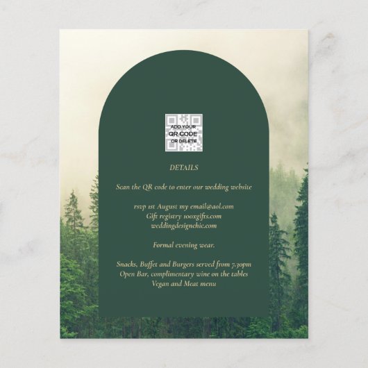 BUDGET Green Forest Pine Trees Wedding INVITE (Achterkant)