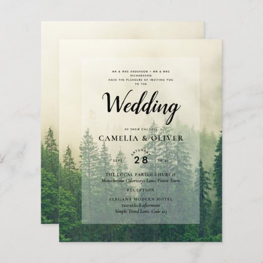 BUDGET Green Forest Pine Trees Wedding INVITE (Voorkant / Achterkant)