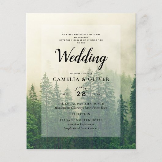 BUDGET Green Forest Pine Trees Wedding INVITE (Voorkant)