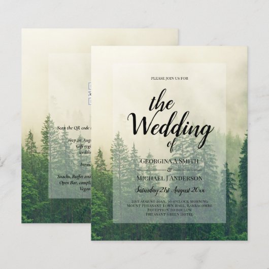 BUDGET Green Forest Pine Trees Wedding INVITE (Voorkant / Achterkant)