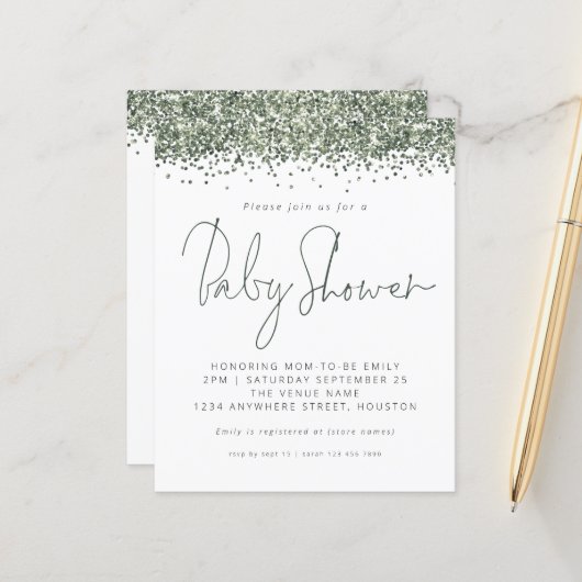 Budget Green Glitter Baby shower Invitation (Voorkant / Achterkant in situ)