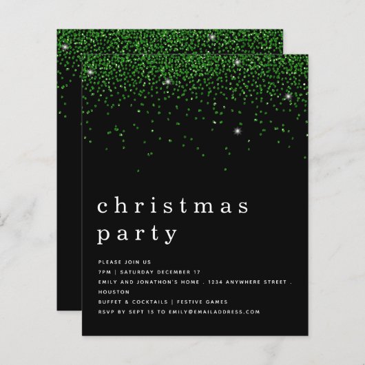 Budget Green Glitter-kerstfeest Black Uitnodiging (Voorkant / Achterkant)