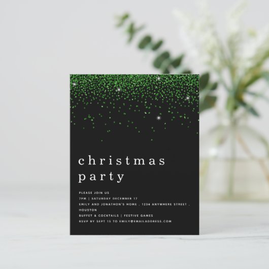 Budget Green Glitter-kerstfeest Black Uitnodiging (Staand voorkant)
