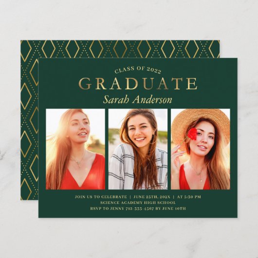 Budget Green Gold 3 Photo Graduation Invitations (Voorkant / Achterkant)