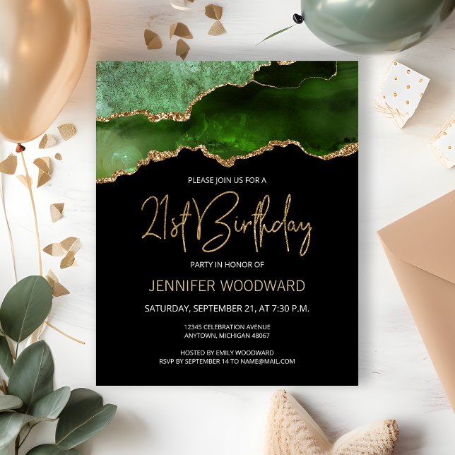 Budget Green Gold Agate 21st Birthday Invitation (Creator heeft geüpload)