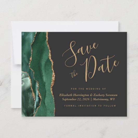 Budget Green Gold Agate Dark Wedding Save the Date (Voorkant)