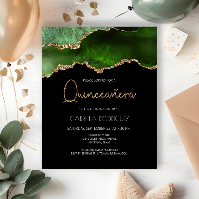 Budget Green Gold Agate Quinceañera Uitnodiging (Creator heeft geüpload)