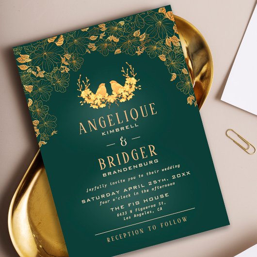 Budget Green & Gold Birds Floral Wedding Invite Bedankkaart