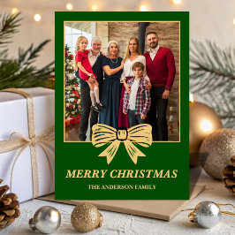 Budget Green & Gold Bow Family Christmas Photo Feestdagenkaart