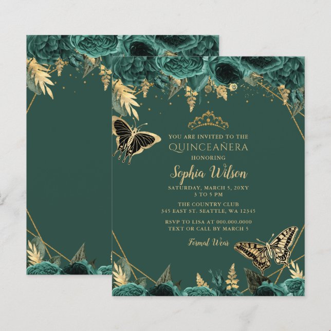 Budget Green Gold Butterfly Quinceañera Uitnodigin (Voorkant / Achterkant)