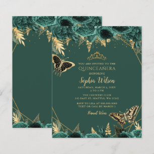 Budget Green Gold Butterfly Quinceañera Uitnodigin