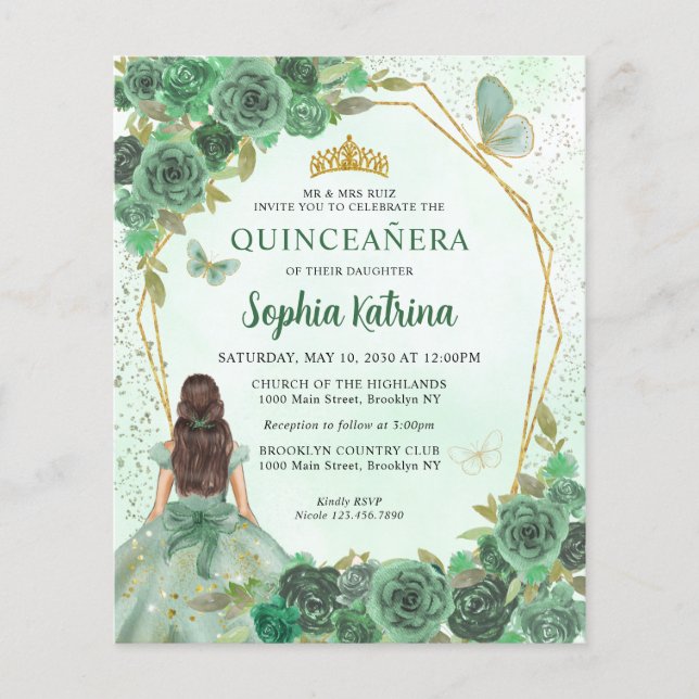 Budget Green Gold Chic Floral Princess Quinceañera (Voorkant)