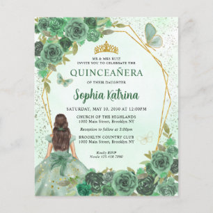 Budget Green Gold Chic Floral Princess Quinceañera