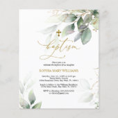 Budget Green & Gold Eucalyptus Baptisme Uitnodigin (Voorkant)