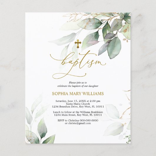 Budget Green & Gold Eucalyptus Baptisme Uitnodigin (Voorkant)