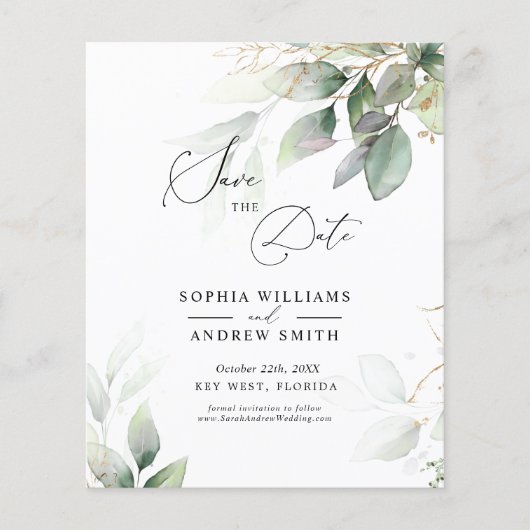 BUDGET Green & Gold Eucalyptus Save the Date (Voorkant)