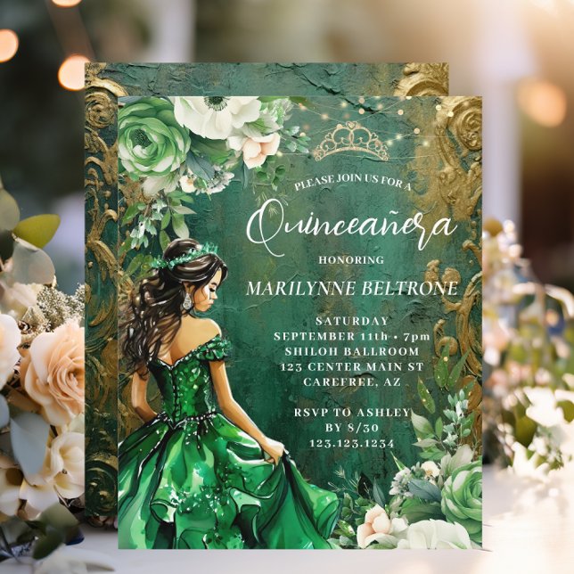 Budget Green Gold Floral Princess Quinceañera (Creator heeft geüpload)
