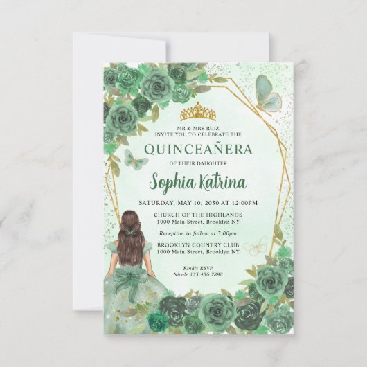 Budget Green Gold Floral Princess Quinceañera Notitiekaartje (Voorkant)
