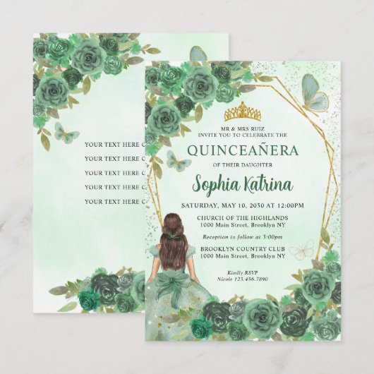 Budget Green Gold Floral Princess Quinceañera Notitiekaartje (Voorkant / Achterkant)