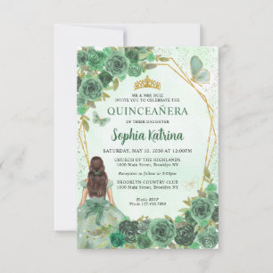 Budget Green Gold Floral Princess Quinceañera Notitiekaartje