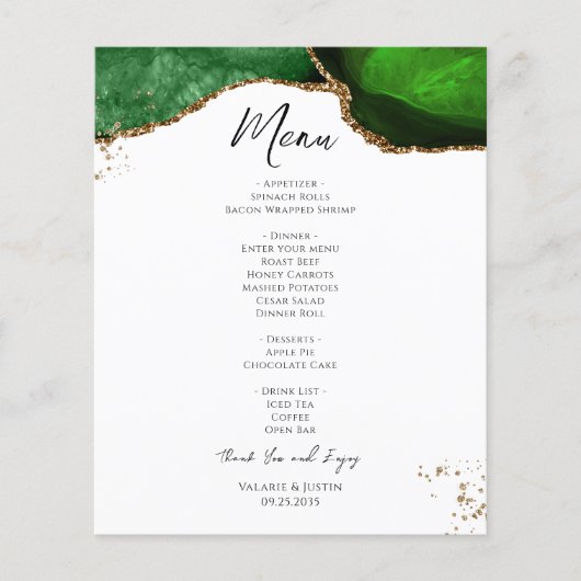 Budget Green Gold Glitter Marble Wedding Menu (Voorkant)