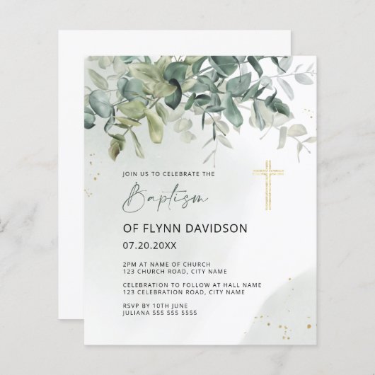 Budget Green & Gold Greenery Baptism Christening (Voorkant / Achterkant)