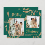 Budget Green Gold Leaves 2 Photo-kerstkaart (Voorkant / Achterkant)