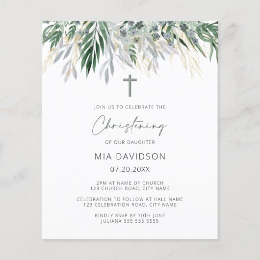Budget Green & Gold Leaves Christening Invite (Voorkant)