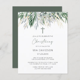 Budget Green & Gold Leaves Christening Invite