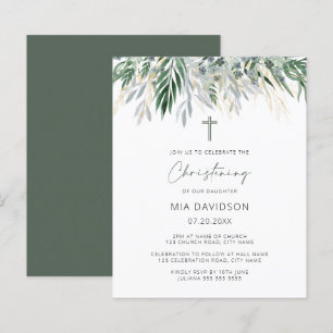 Budget Green & Gold Leaves Christening Invite