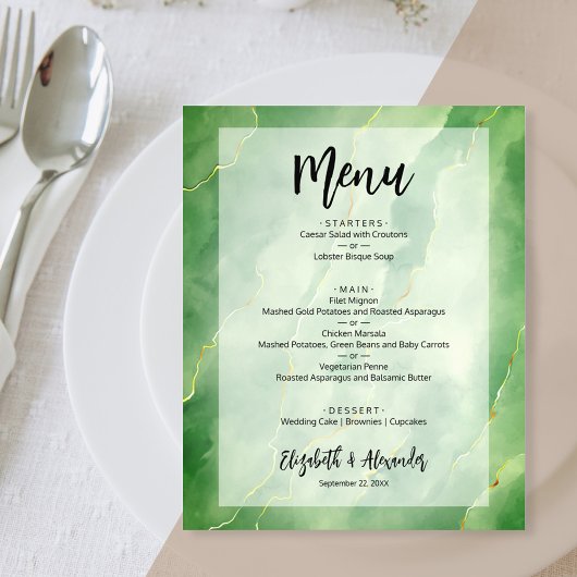Budget Green Gold Marble Wedding Menu