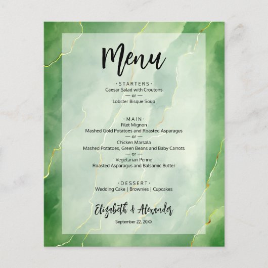 Budget Green Gold Marble Wedding Menu (Voorkant)